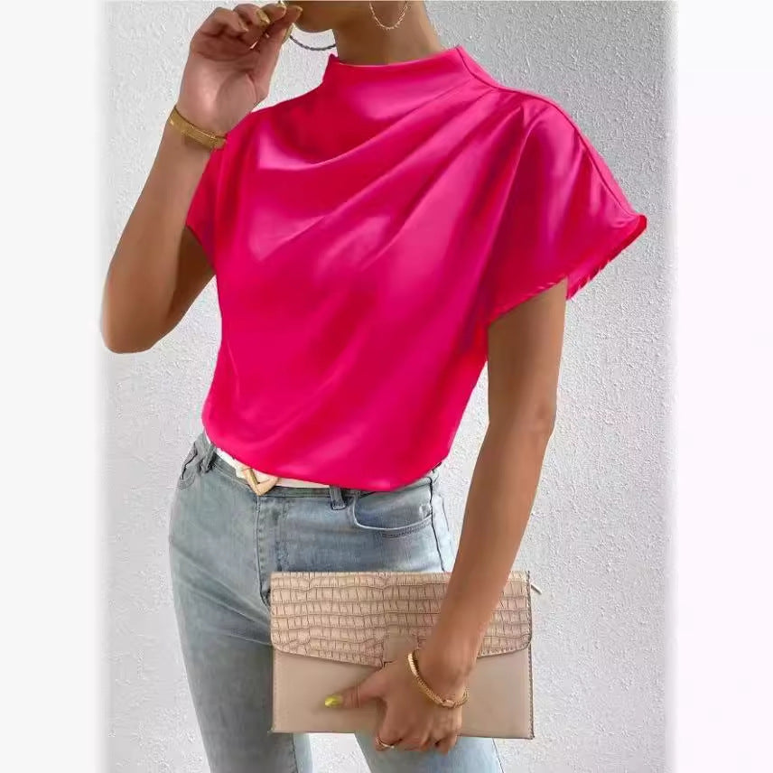 2026 Cross-Border Hot-Selling New Product Round Neck Short-Sleeve Left Shoulder Ruched T-Shirt Satin Women's Top Wholesale in Stock