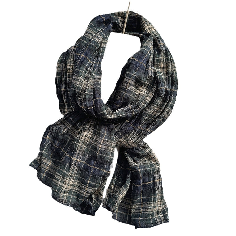 100% Pure Cotton Artistic Plaid Scarf Four Seasons Japanese Style All-match Neck Protector Long Thin Scarf Women's Summer Scarf