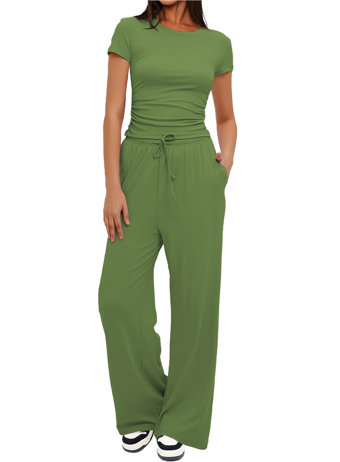 Women's Summer Solid Loose Casual Tracksuit Two Piece Set O Neck Short Sleeve T Shirt Wide Leg Pants Sportswear