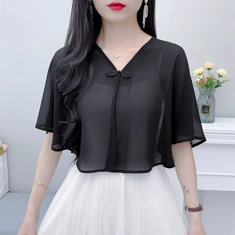Thin Small Shawl Summer Dress with Sling Skirt Air-conditioning Shirt Women's Cardigan Outer Chiffon Ethnic Style Silver Buckle Small Coat