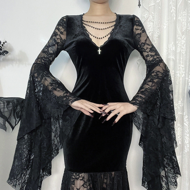 Halloween Costume Women Batwing Sleeve Floor Dress Black Gothic Evil Terror Maxi Mistress Morticia Addam Family Outfit For Adult