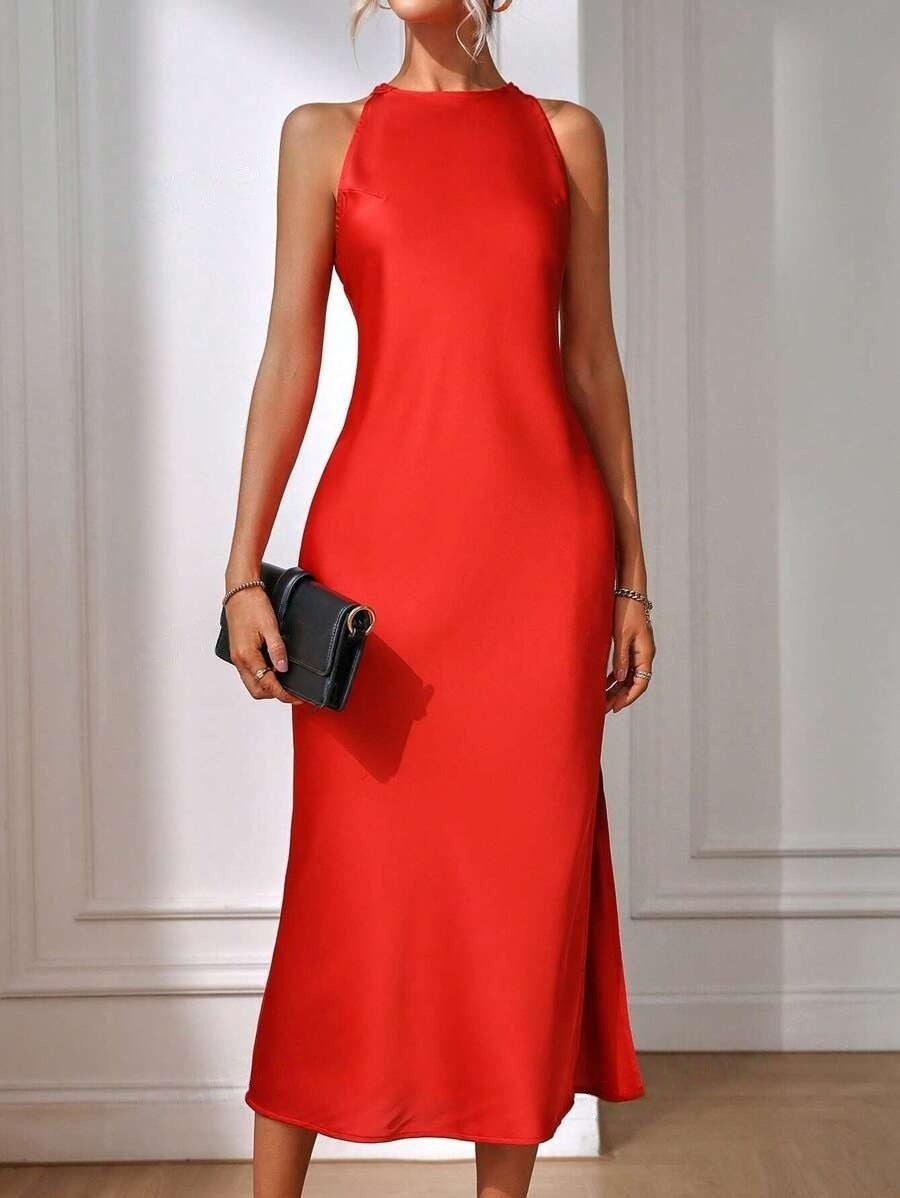 European and American Cross-Border Amazon Satin Dress Women's Spring and Summer Sleeveless Slit Satin Imitation Silk Long Skirt
