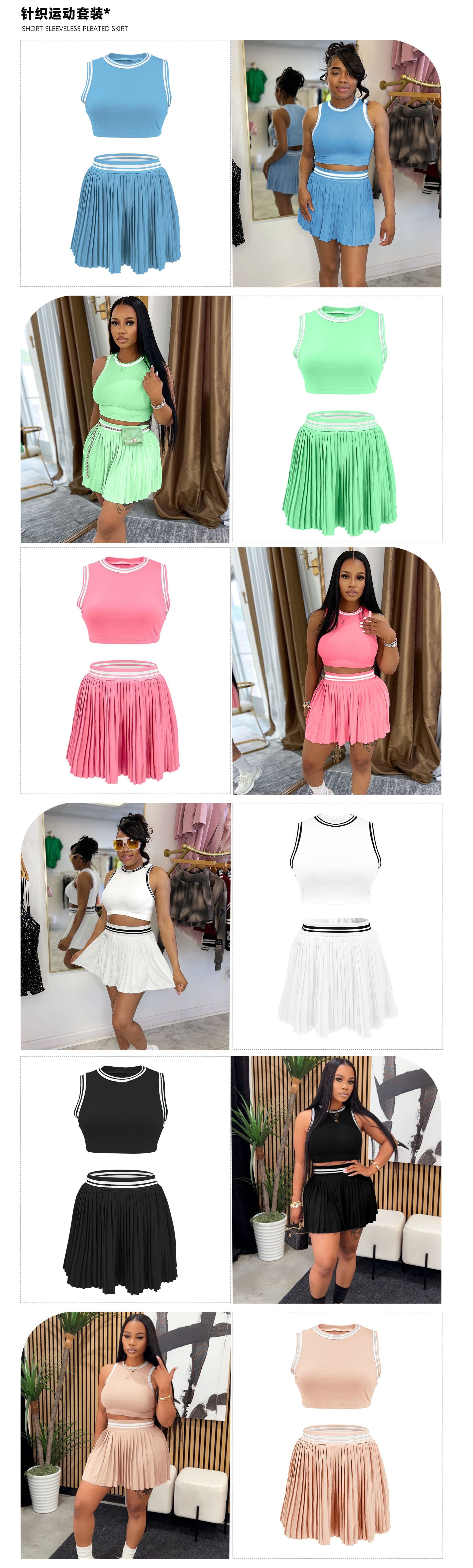 M3089 Women Solid Color Two Piece Set Sleeveless Crop Top & High Waist Pleated Mini Skirt Tennis Style Outfit