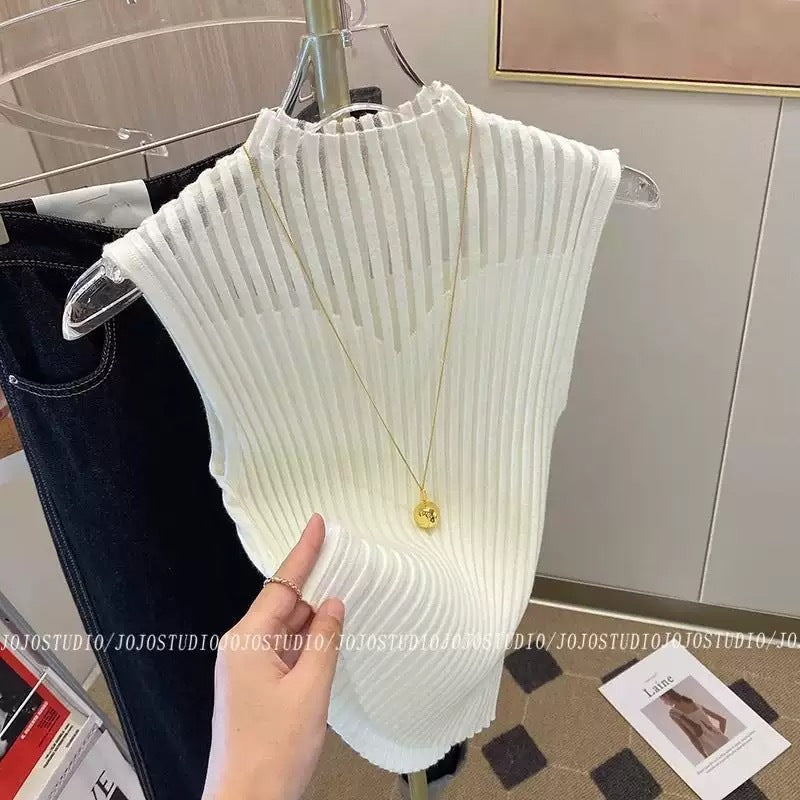 New Style Sleeveless Knit Top for Women, Summer Thin Style with a High-End Feel, Elegant Collar, Vacation Casual Top, Direct Cross-Border Supply