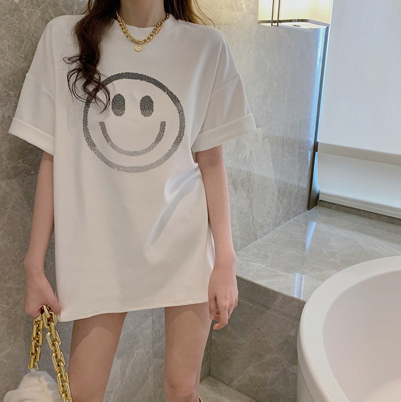 Smiley Face Print Loose Short-Sleeved T-Shirt for Women Spring and Summer New Casual Bottoming Shirt Women's Round Neck Top Dropshipping