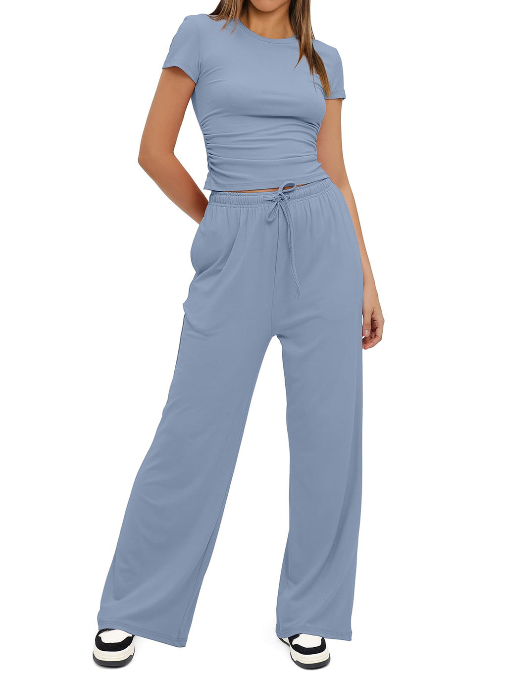Women's Summer Solid Loose Casual Tracksuit Two Piece Set O Neck Short Sleeve T Shirt Wide Leg Pants Sportswear