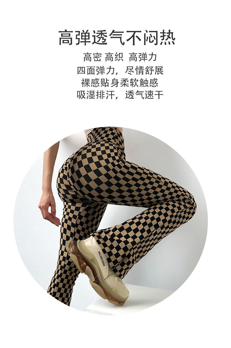 Checkerboard Flared Pants for Women, Autumn and Winter High-Waisted Wide-Leg Yoga Pants, Slimming Fitness Pants, Leg-Lengthening and Hip-Lifting