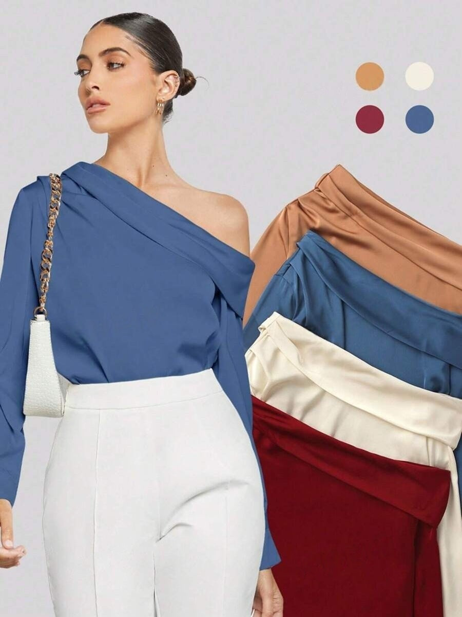 Foreign Trade Cross-Border Pleated Satin Shirt Top Spring and Summer European and American Amazon Off-Shoulder Asymmetrical Long-Sleeved Shirt for Women