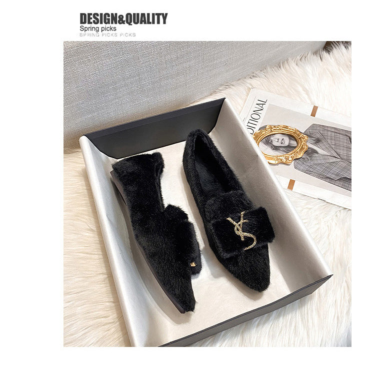 Flats Shoes for Women 2024 New Autumn Pointed Flat Mink Fur Winter Shoes Velvet Women's Loafers Ladies Shoes Plus Size 41 42 43