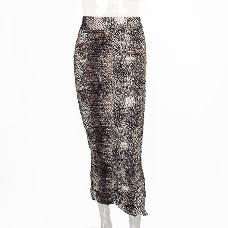 2025 Spring and Summer New High-Waisted Leopard Print Skirt European and American Fashion Sexy Tight Pleated Slit Mid-Length Skirt