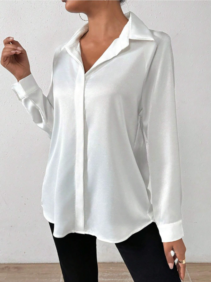 Cross-Border European and American Clothing Satin Shirt Women's Satin Imitation Silk Long-Sleeved Shirt European and American Export Cross-Border Women's Clothing