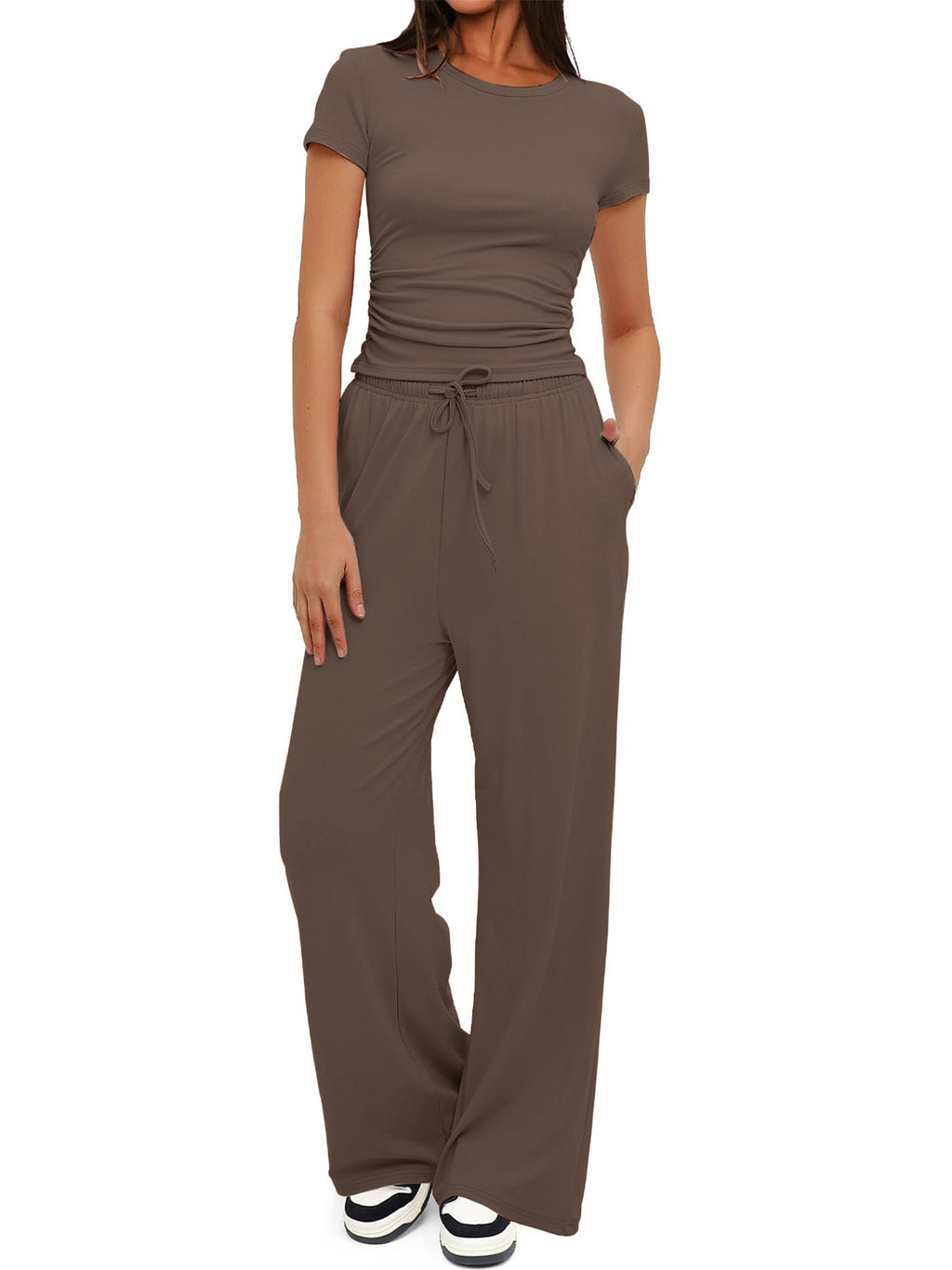 Women's Summer Solid Loose Casual Tracksuit Two Piece Set O Neck Short Sleeve T Shirt Wide Leg Pants Sportswear