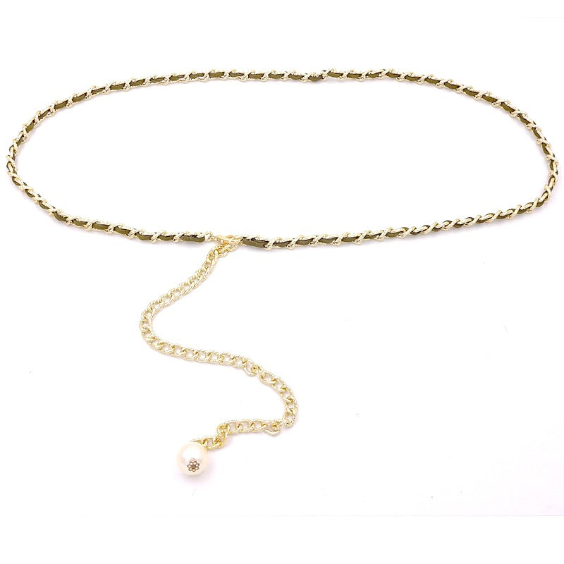 Korean style versatile metal thin waist chain women's skirt decorative pearl belt sweet lady decorative belt
