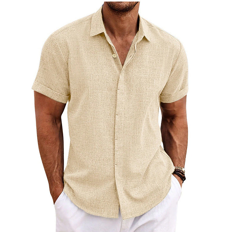 European and American Men's Double Placket Cotton Linen Cardigan Short-sleeved high quality Shirt Summer Home Short-sleeved Lapel Shirt Cross-border
