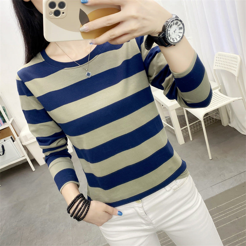 Autumn chubby girl Plus Size Large Size Loose Cotton Long-sleeved T-shirt Women's Middle-aged Mother Base Shirt Striped Top