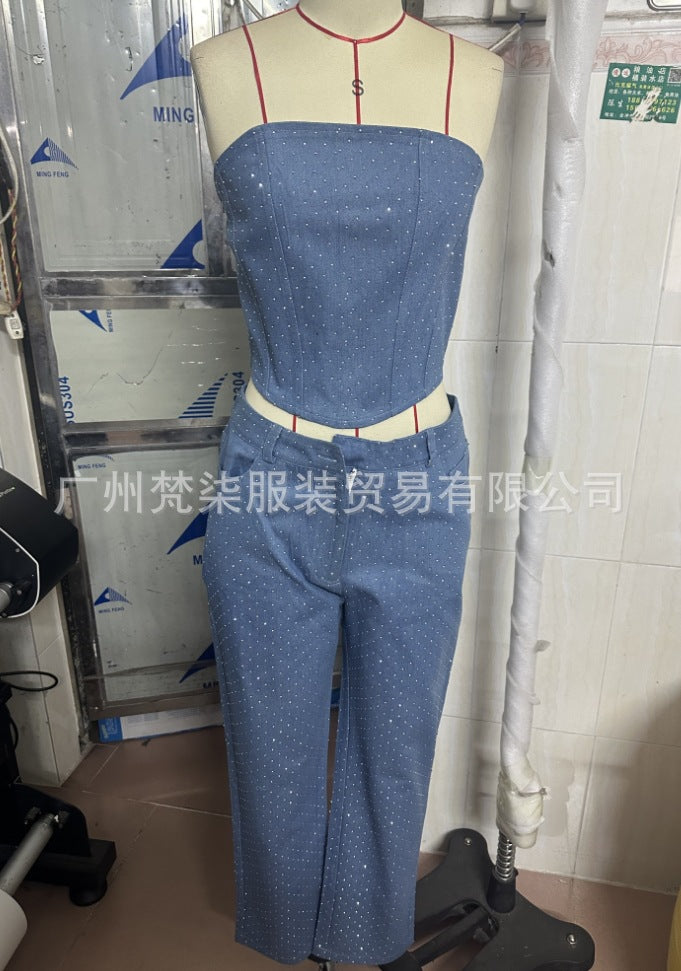 Denim Pant Set Women Two Piece Sets Sexy Strapless Sleeveless Tops Long Pants High Waist Y2k Streetwear Elegant Work 2026
