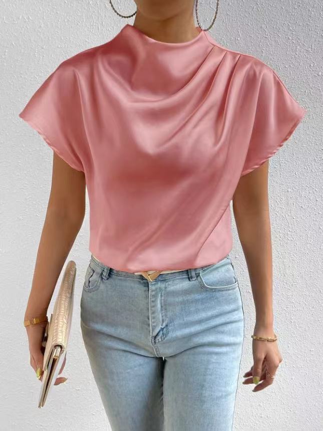 2026 Cross-Border Hot-Selling New Product Round Neck Short-Sleeve Left Shoulder Ruched T-Shirt Satin Women's Top Wholesale in Stock