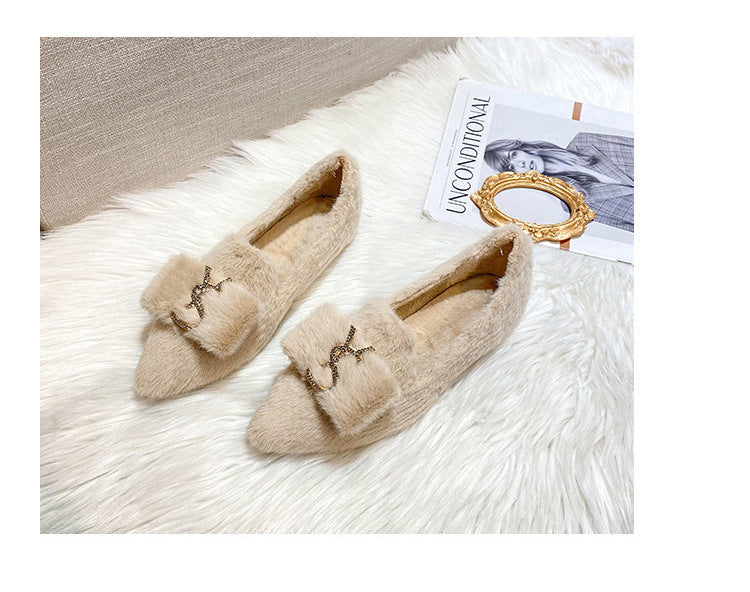 Flats Shoes for Women 2024 New Autumn Pointed Flat Mink Fur Winter Shoes Velvet Women's Loafers Ladies Shoes Plus Size 41 42 43