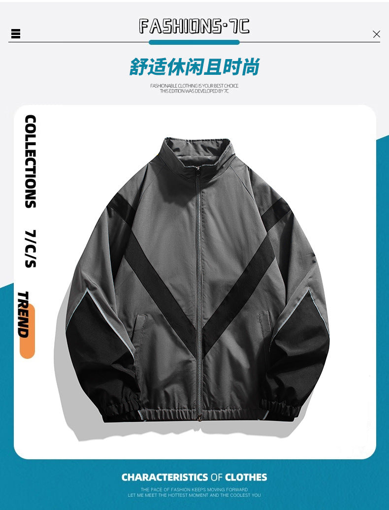 Russian Foreign Trade Trendy Brand Reflective Patchwork Stand-Up Collar Jacket Spring and Autumn Loose Sports Casual Jacket for Men