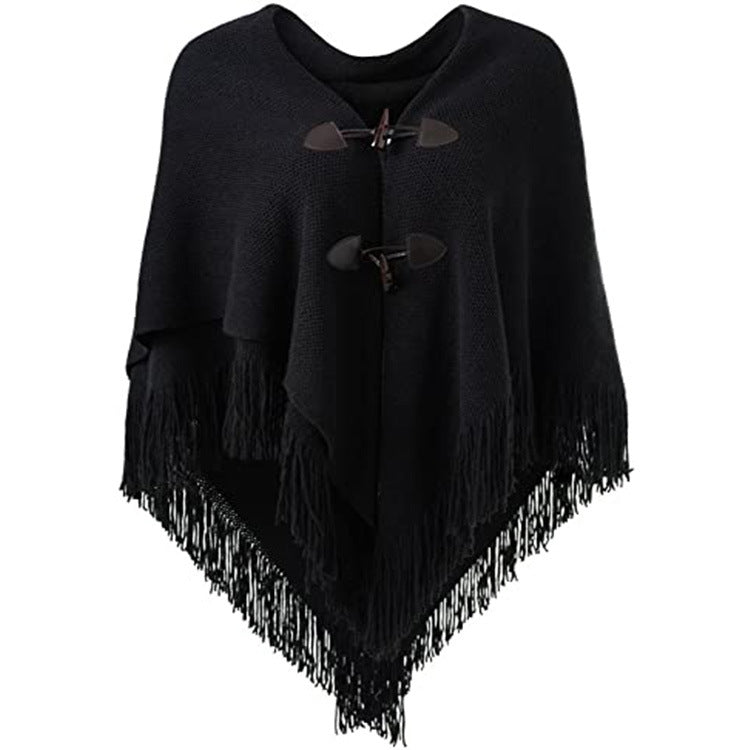 Autumn and Winter New Shawl Cloak Tassel Horn Button Pure Color Asymmetrical Double Layer Tassel Cloak Shawl Warm and Thickeneded