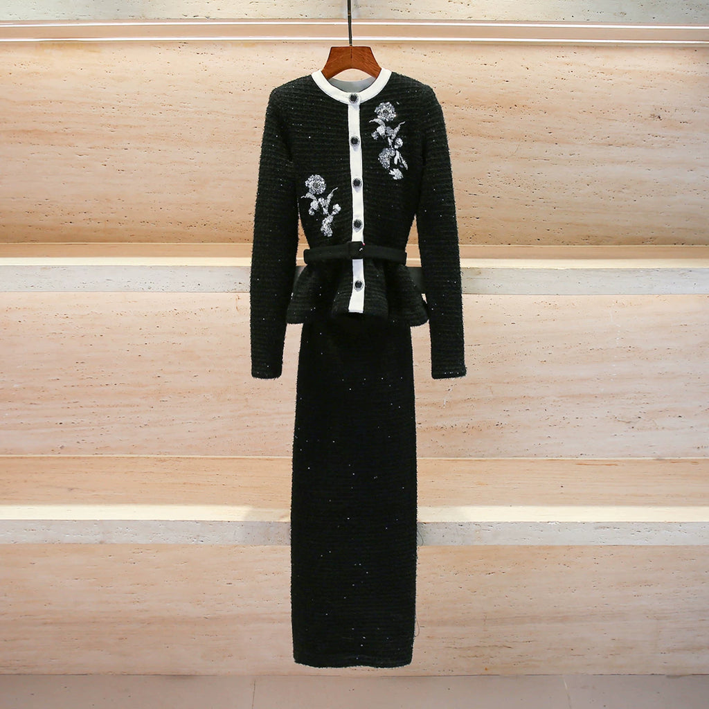 CHUJIE 2025 Autumn/winter New Fake Two-piece Design, Long-sleeved Round-neck, Floral Embroidery, Ruffle Decoration Knitted Dress