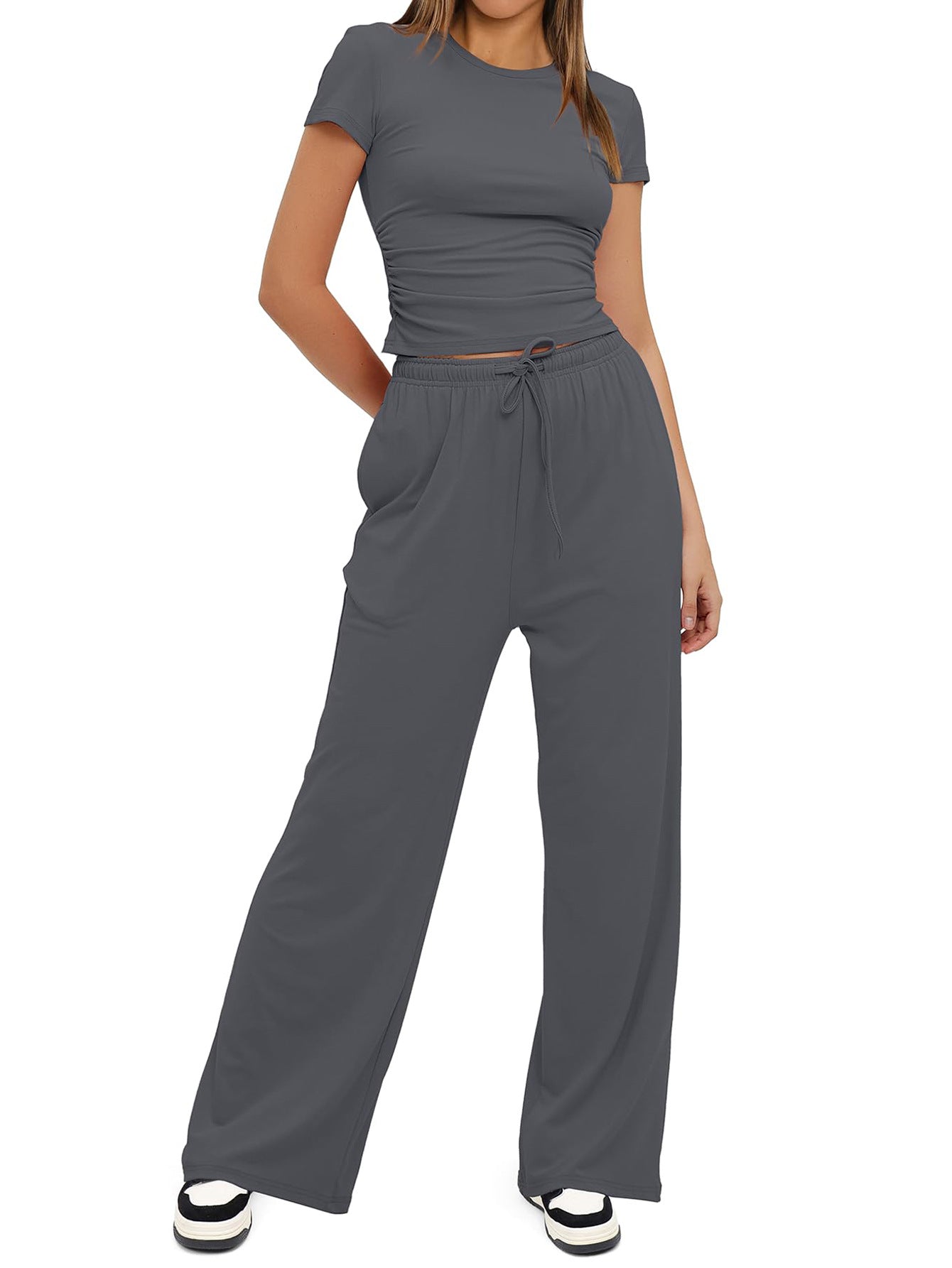 Women's Summer Solid Loose Casual Tracksuit Two Piece Set O Neck Short Sleeve T Shirt Wide Leg Pants Sportswear