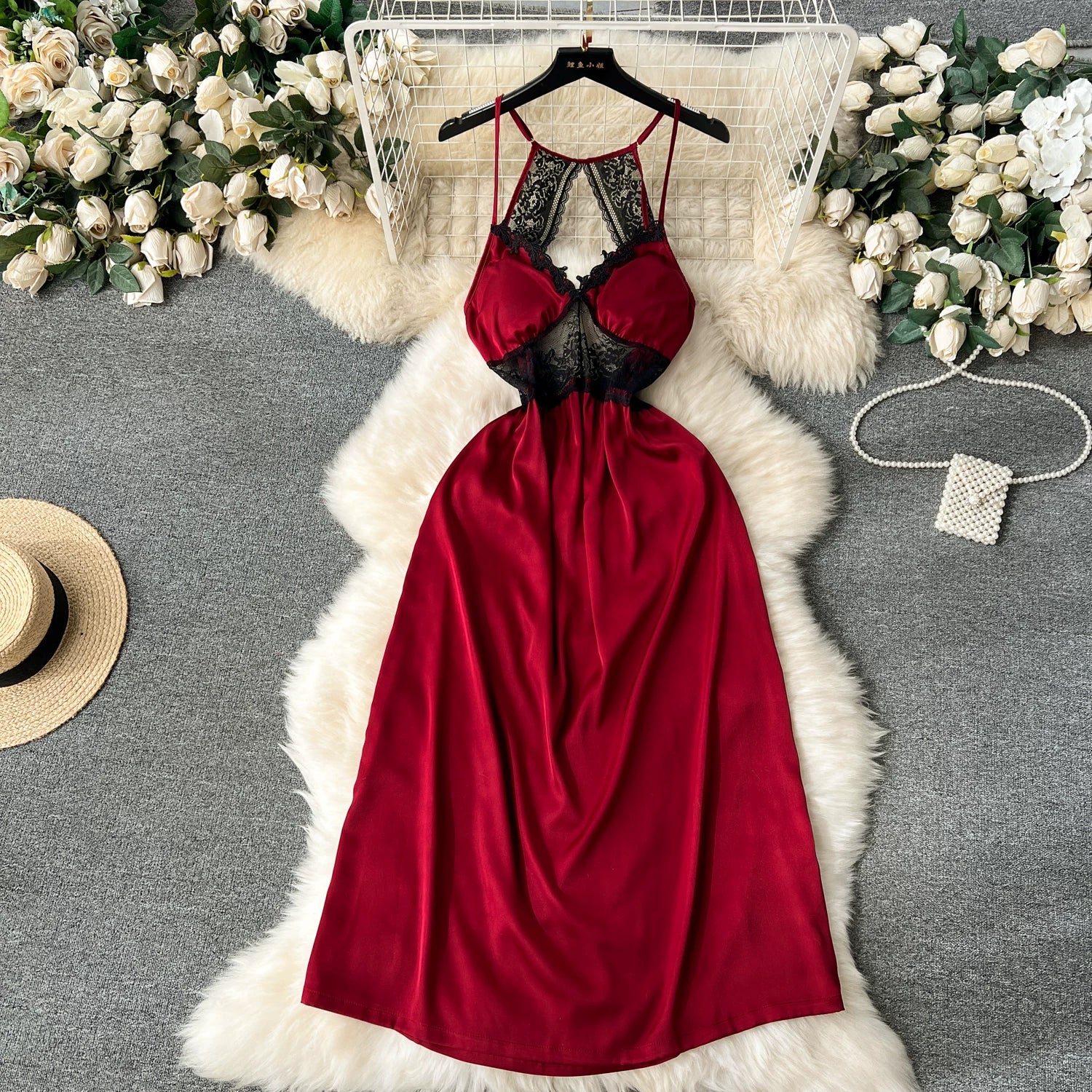 CHILLGIO Women Lace Satin Spaghetti Strap Dress Sexy Hollow Fashion Nightwear Nightgowns Ins Hot A Line Nightie Pajamas Sundress