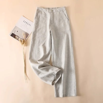 Solid Color Linen Wide-Leg Women's Pants 2023 Summer Loose Slimming Drapey High-Waisted Straight Nine-Point Length Leg-Lengthening