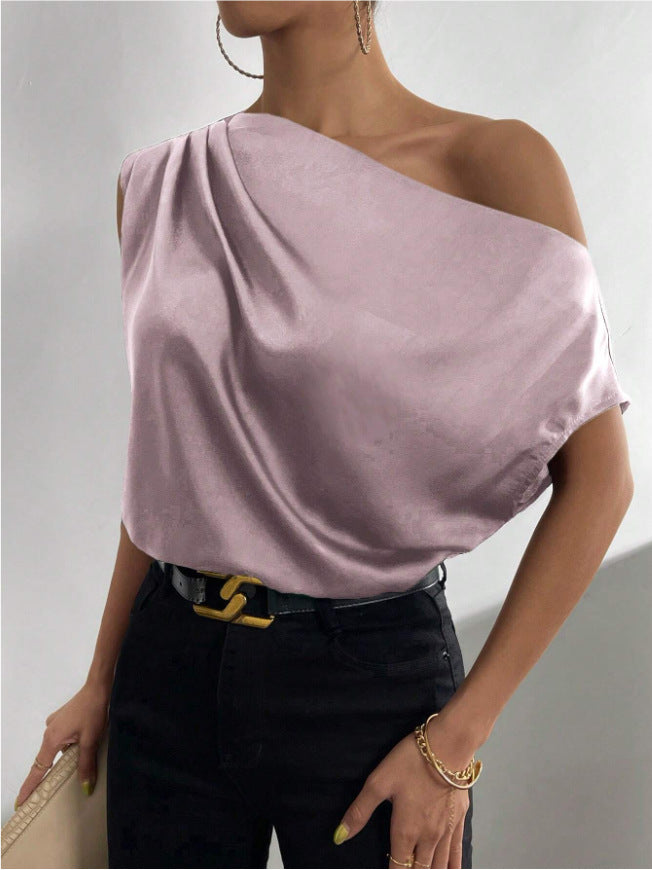 2026 Spring Solid Color Satin Imitation Silk Irregular Off-Shoulder One-Neck Pullover Sleeveless Shirt for Women European and American Fashion