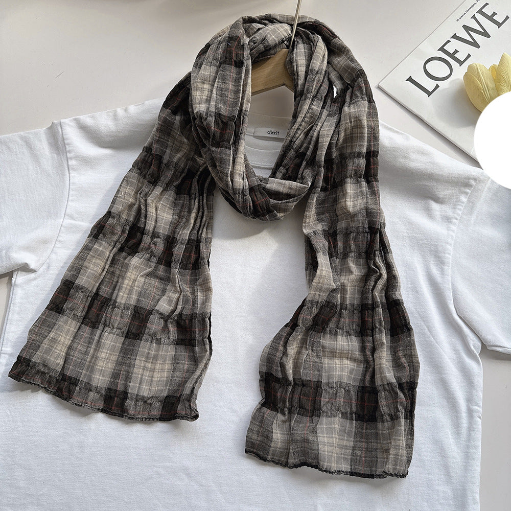 100% Pure Cotton Artistic Plaid Scarf Four Seasons Japanese Style All-match Neck Protector Long Thin Scarf Women's Summer Scarf
