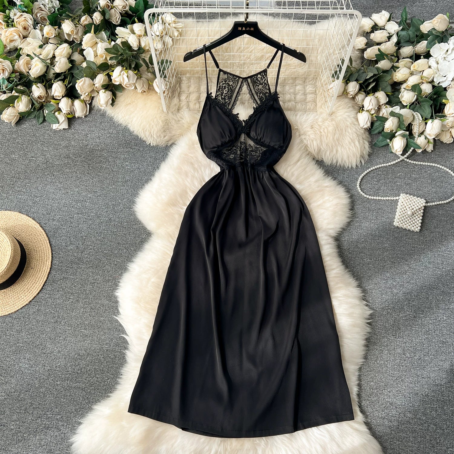 CHILLGIO Women Lace Satin Spaghetti Strap Dress Sexy Hollow Fashion Nightwear Nightgowns Ins Hot A Line Nightie Pajamas Sundress