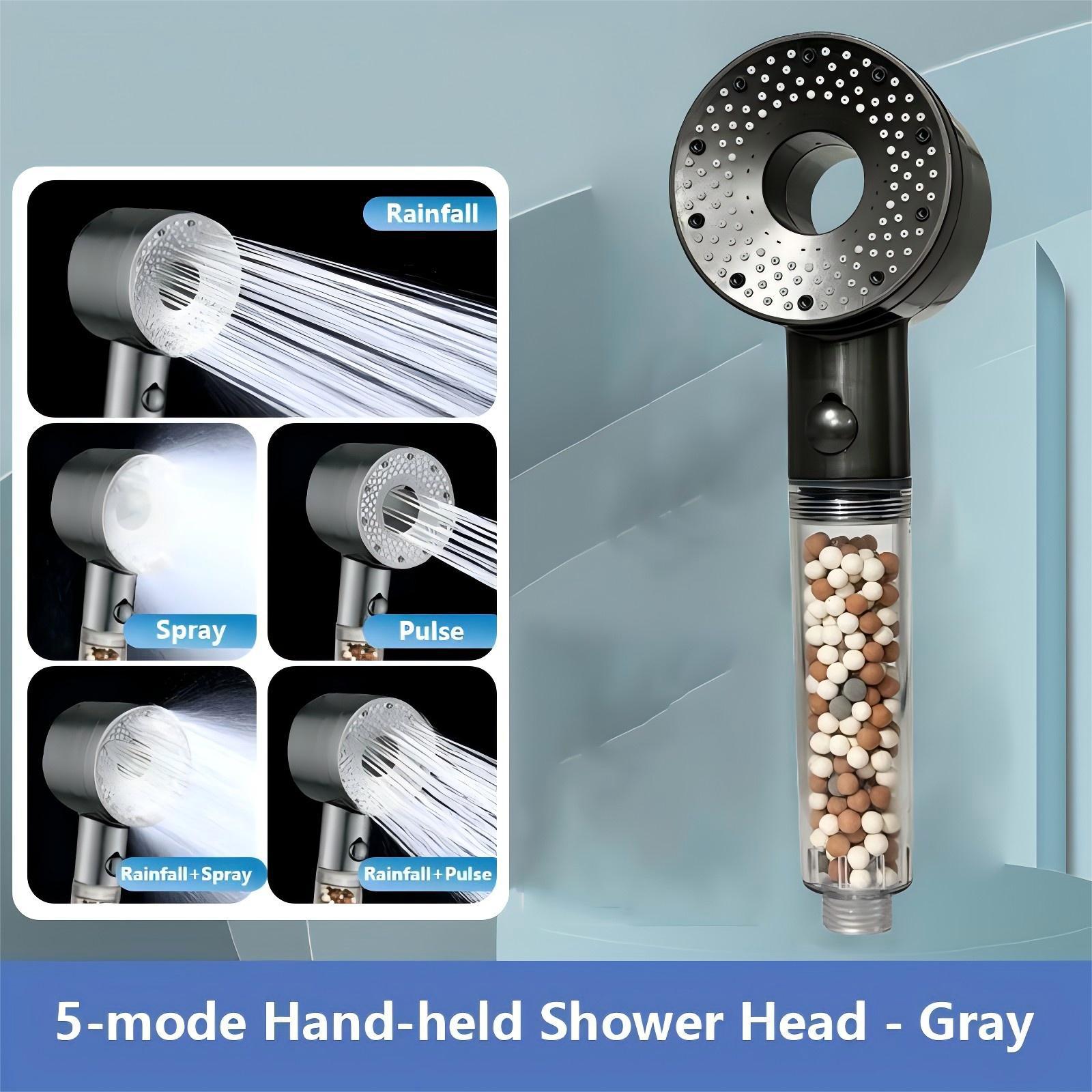 5 Modes Pressurized Shower Head with Mineral Ball Filter High Pressure Spray Nozzles Stop Button Showerhead Bathroom Accessories