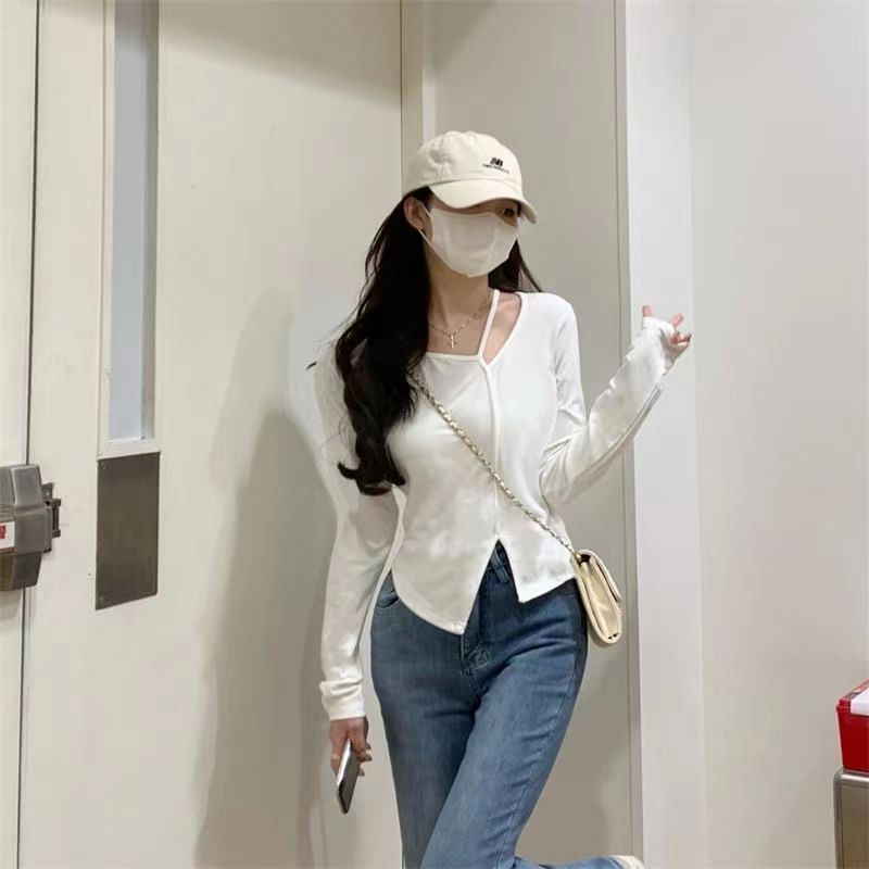American Style Design Irregular Long-sleeved T-shirt Women's 2024 Spring and Autumn New Slim-fit Slimming Temperament Base Top