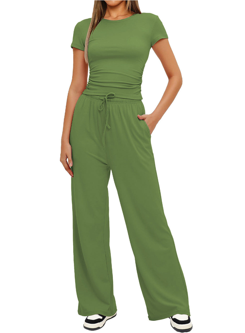 Women's Summer Solid Loose Casual Tracksuit Two Piece Set O Neck Short Sleeve T Shirt Wide Leg Pants Sportswear
