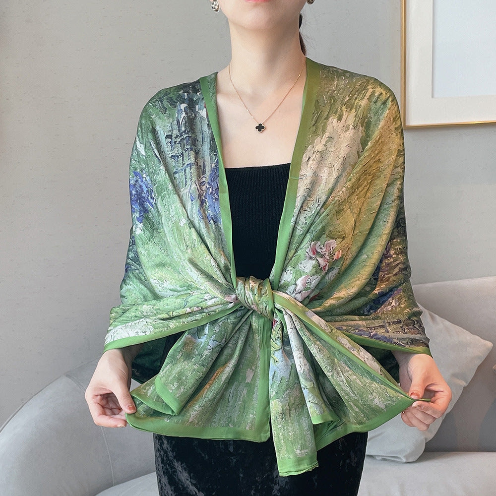 Van Gogh Monet oil painting double-sided double-layer silk scarf women's long 180x70 new silk satin popular fashion scarf shawl New