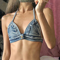 Spice Girls Shown Figure Sexy Denim Bikini Beach suit Ins Vacation Photo Cyber Celebrity Hanging Neck Split Swimsuit