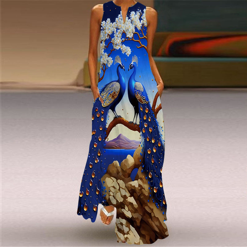 Cross-Border Women's Clothing Amazon Ebay 2026 New European and American Spring and Summer Fashion Printed Sexy Pocketed Long Dress