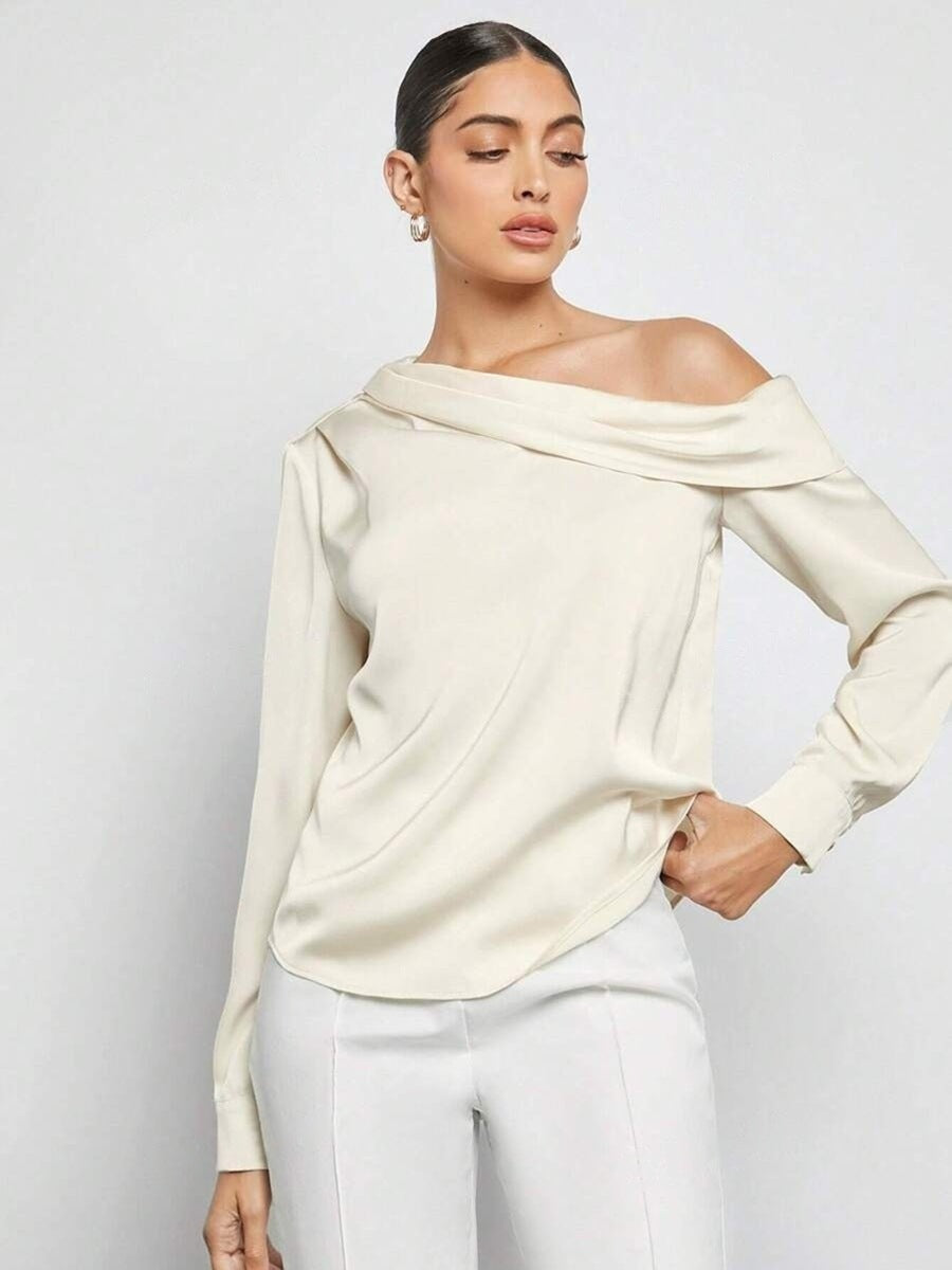 Foreign Trade Cross-Border Pleated Satin Shirt Top Spring and Summer European and American Amazon Off-Shoulder Asymmetrical Long-Sleeved Shirt for Women
