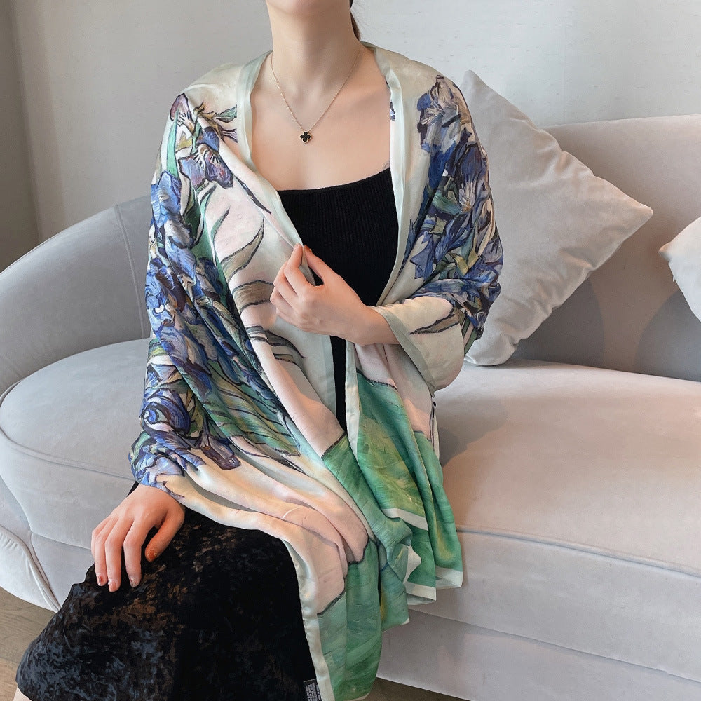 Van Gogh Monet oil painting double-sided double-layer silk scarf women's long 180x70 new silk satin popular fashion scarf shawl New
