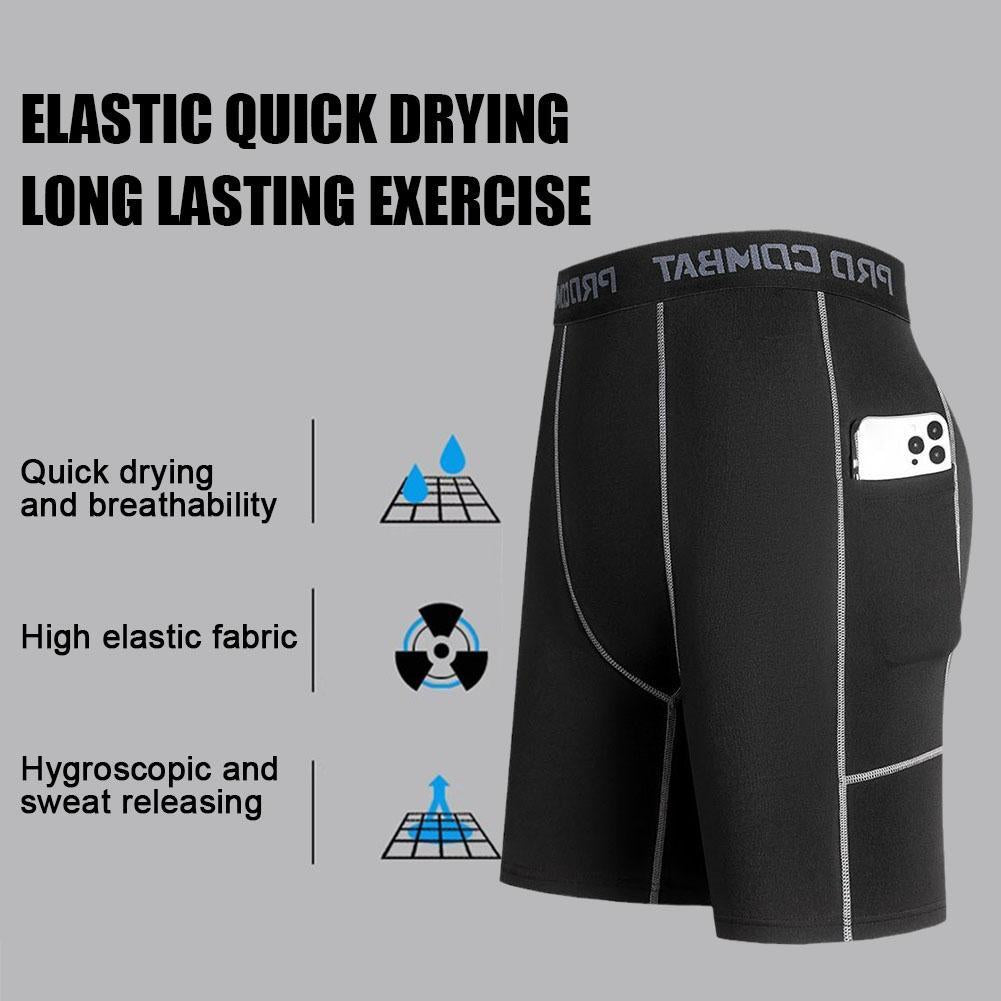 High Performance Men's Compression Shorts With Pocket - Quick Dry Breathable Stretchy Base Layer For Cycling Sports Gym