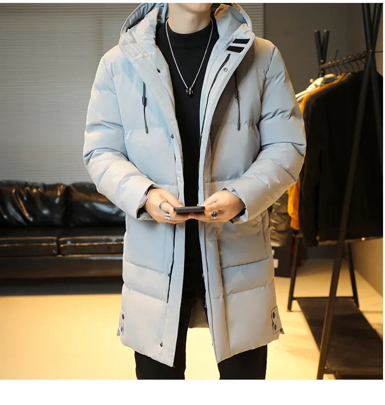 2023 Warm Hooded Mid-length Jacket Mens Casual Zip Up Cotton Padded Jacket Overcoat Autumn Winter Windbreaker Coats Men Clothing