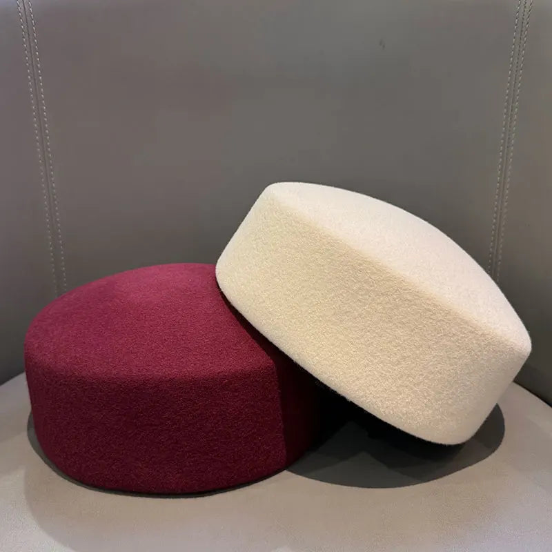 Women Berets Hat Fashion Fall Winter Vintage Concave Top Pillbox Cap 100% Wool Fedoras Hats Wedding Designer Western Church Hat