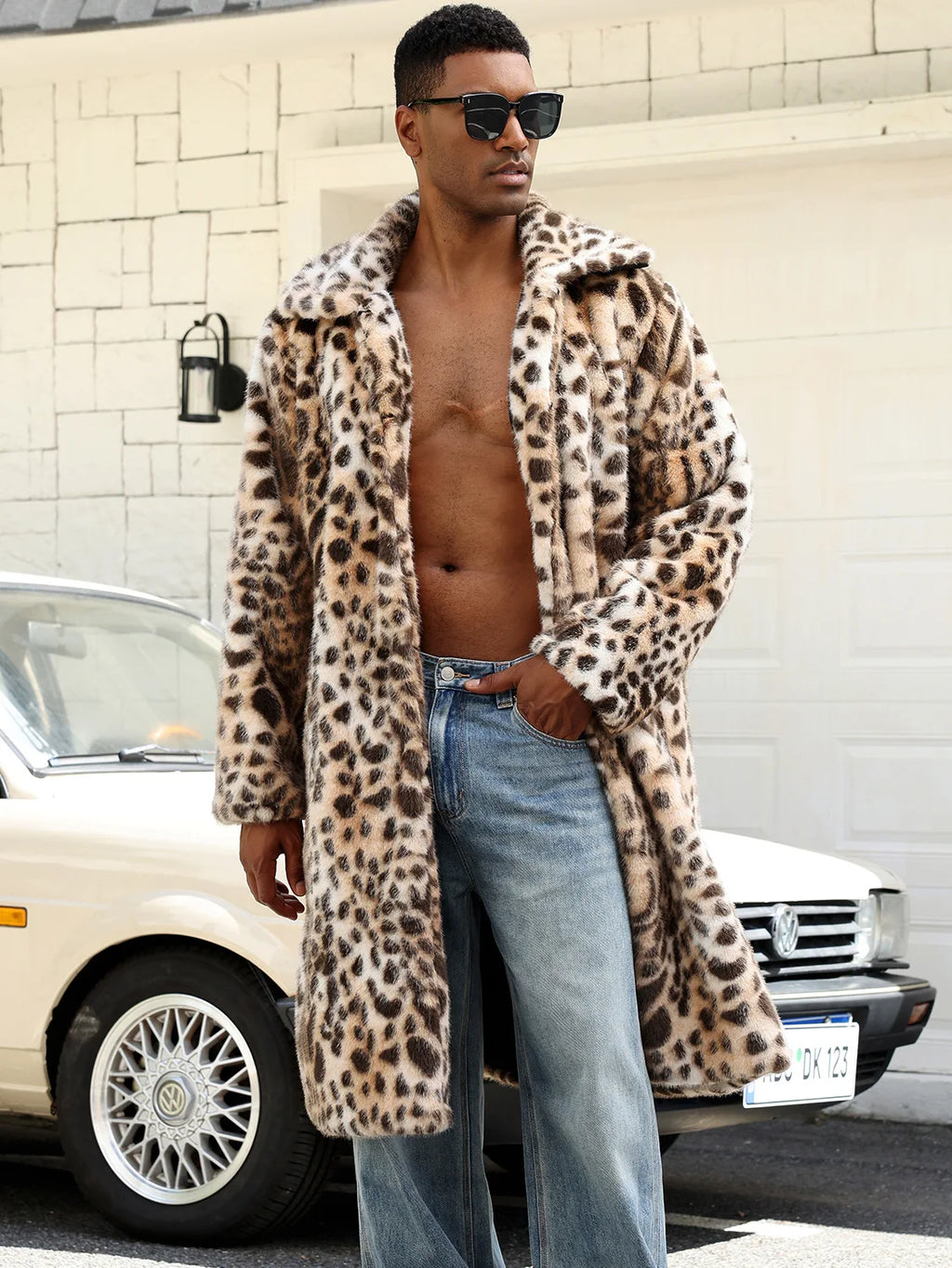Men Faux Fur Coats Leopard Jackets Color Blocked Turn Down Collar Long Sleeve Single Breasted Straight Casual 2025 Autumn Winter