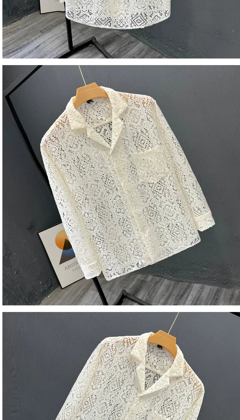 2025 Men New Summer Long-sleeved Jacket Hollow Trendy Top Thin Cool Breathable Shirt