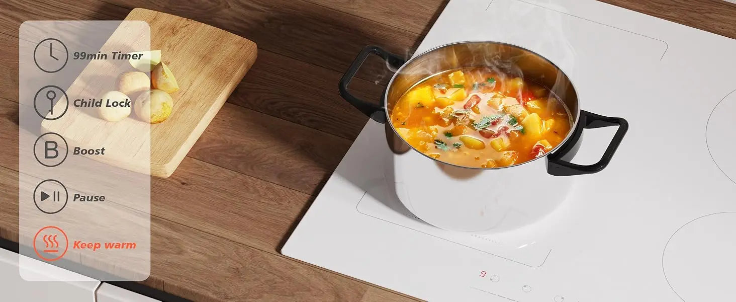 Karinear Induction Hob 4 Zones with Plug, 59CM, 3500W, White Ceramic Glass, Combination Zones, Sliding Controls, 9 Power Levels
