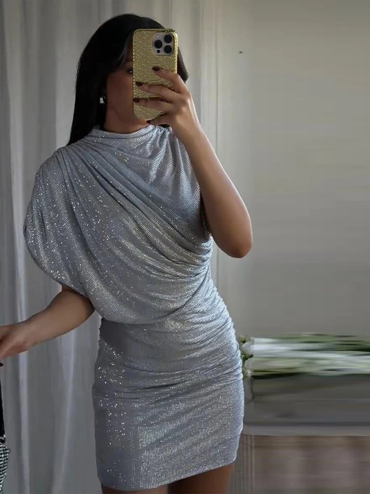 Chic Sequin Solid Dress Women Sexy O-neck Sleeveless Pleated Waist-cinched Empire Dresses Elegant Party Spring Lady Gown 2026