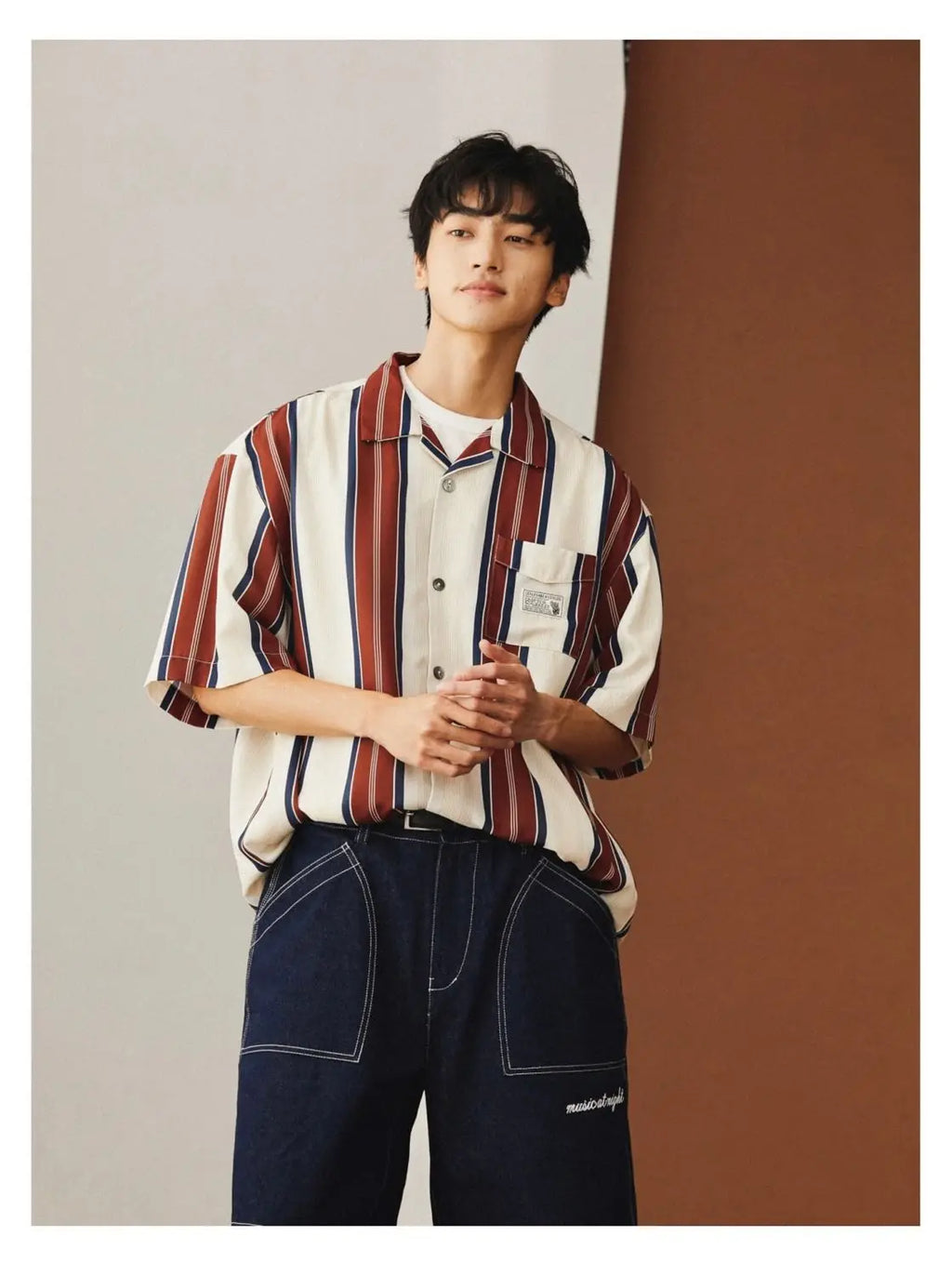 Summer New Turn-down Collar Fashion Short Sleeve Shirt Man High Street Casual Button Cardigan Striped Pockets Patchwork Tops