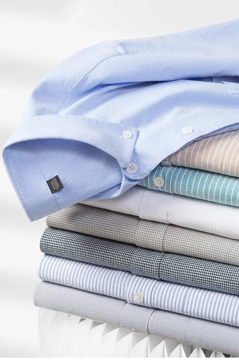 Newly Design Shirts For Men Spring Fall Long Sleeve Solid Color Oxford 100% Cotton Smart Casual Business Stripe Plaid White 5XL