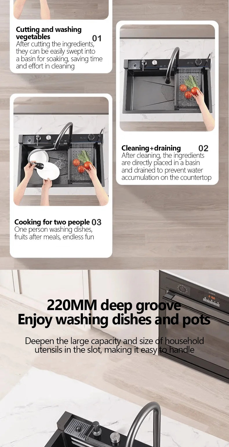 304 Sink Key Digital Display Waterfall Rain Sink Stainless Steel Large Single Trough Hand Basin Washing Dishes Under The Basin