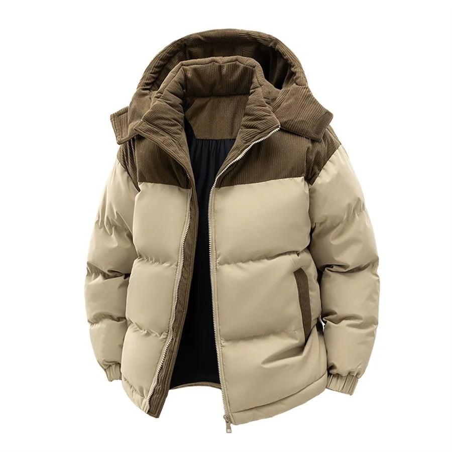 2027 New Patchwork Men Jackets Cotton Padded Corduroy Winter Warm Coat Men's Hooded Windproof Thick Outerwear Mens Clothes